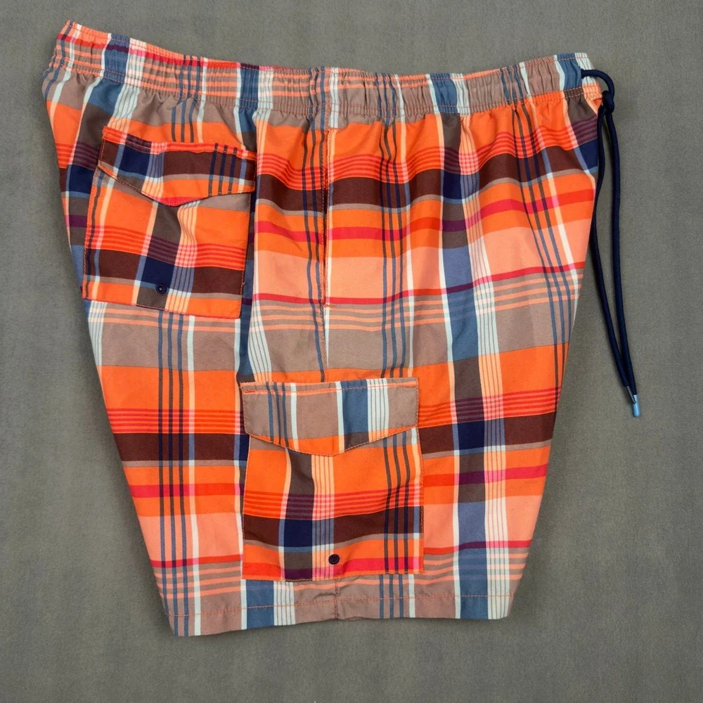 Tommy Bahama Naples Plaid Swim Trunks Mens XXL Orange Blue Cargo Mesh Lining